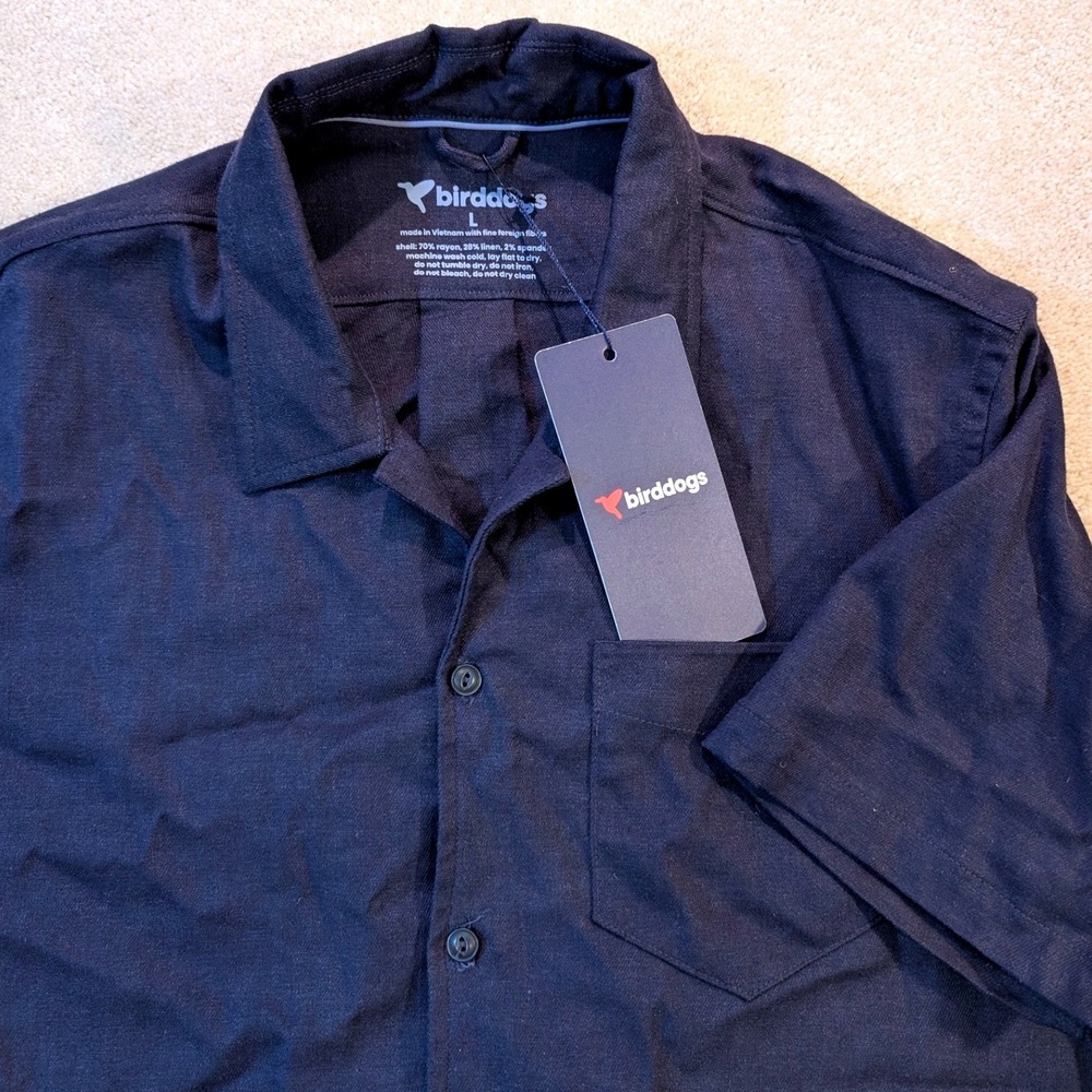 Birddogs Tech Linen Shirt Mens Large Total Eclipse Navy Blue Short Sleeve NWT